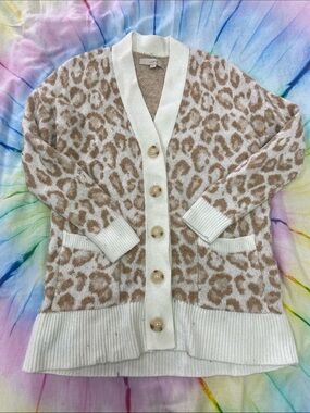 LOFT Beige and Cream Leopard Print Button-Front Cardigan